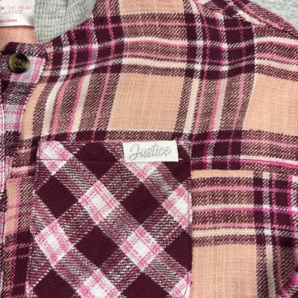 Justice Girls Long Sleeve Pink & Maroon Plaid Flannel Shirt W/Hood Size XS (5/6)